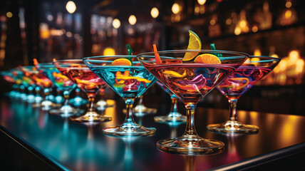 Fresh cocktails of all flavors served on the table of a nightclub
