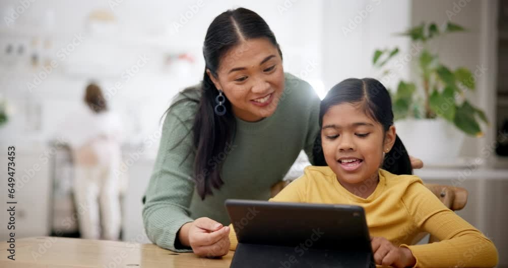 Poster Tablet, app and mother with child streaming movie or online show together for bonding and entertainment. Happy, game and parent or mom watching on the internet with kid using website service