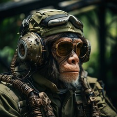 a monkey wearing a military outfit and headphones