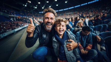 Fototapeta premium Generative AI, father and son cheer for their favorite team at a sports match, football, competition, stadium, arena, emotion, joy, victory, goal, father's day, parent, child, cry, family, win, game