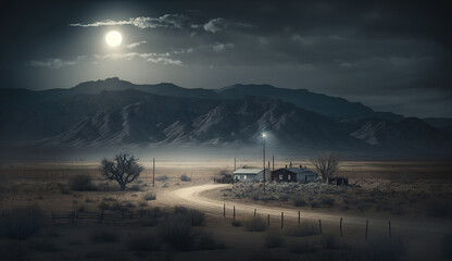 Eerie paranormal ranch at night under the moonlight near mountains