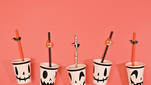 Halloween drinking glasses with ghosts faces and straws move on orange background. Stop motion. Eco friendly party utensils