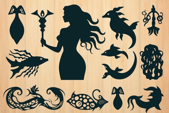 SVG Cut Files Of A Mermaid Silhouette And Sea Animal Bundle. Generative AI