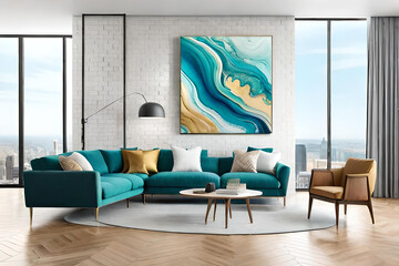 Marble abstract acrylic painting in the interior of the room. Marbling artwork texture.