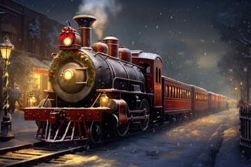 Red Christmas train on a snowy night stopped at the station