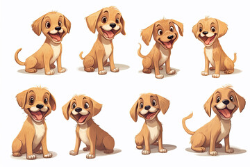 Group of cute brown and white cartoon puppy dog in different poses isolated on a white background