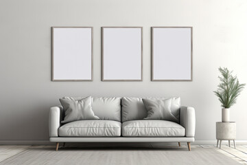 Three picture frames with a white couch and plant on a white wall mock up