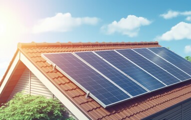 Solar panels on the roof in a sunny day. Generative AI