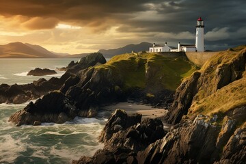 Fototapeta na wymiar A picturesque lighthouse set in Ireland, surrounded by rugged beauty. Generative AI