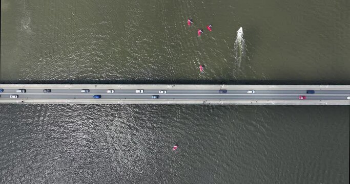 Sailboats compete in a summer race by sailing under a road bridge 4k