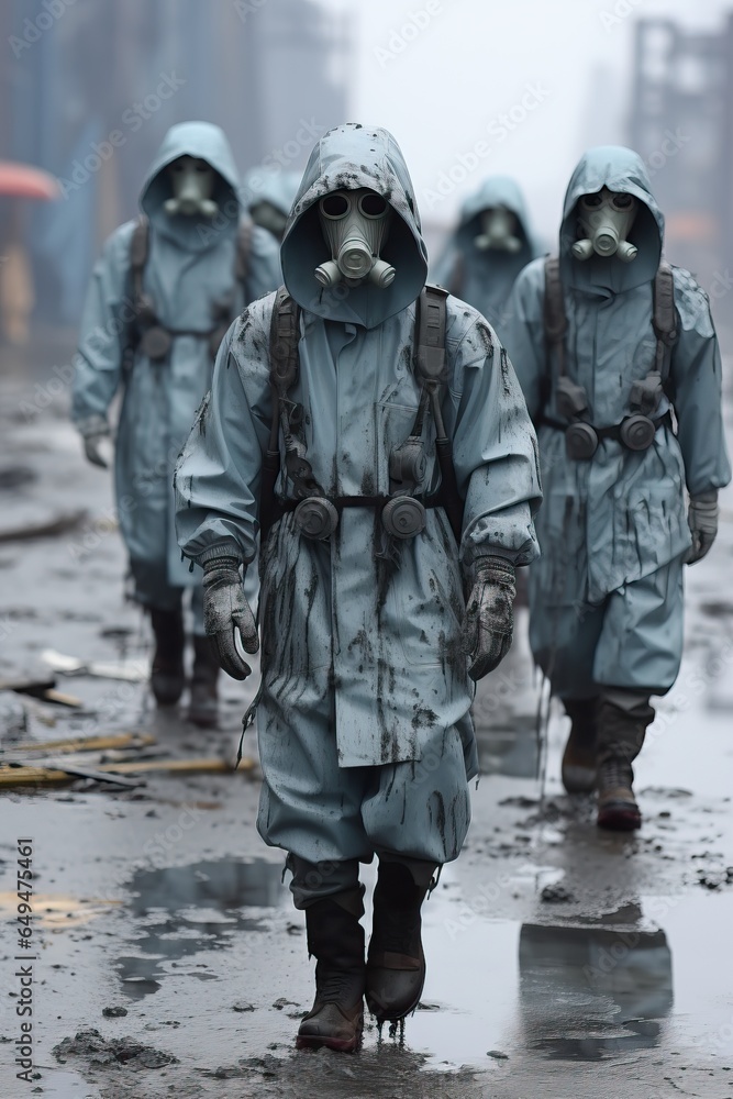 Poster a group of people wearing gas masks and standing in a row