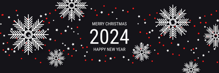 Merry Christmas and Happy New Year 2024 party invitation banner, card, horizontal flyer, coupon vector template