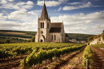 Saint-Claire de Préhy church in Chablis vineyard, Burgundy, France. Generative AI
