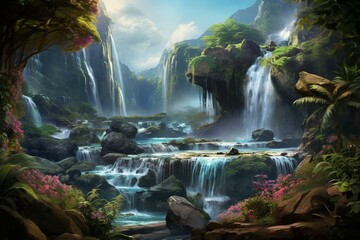 Naklejka na ściany i meble A lush waterfall scene depicted in a highly detailed and realistic digital painting style. Generative AI