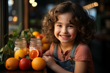 A colorful and vibrant little girl surrounded by fresh fruits, emphasizing the importance of healthy snacking habits. Generative Ai