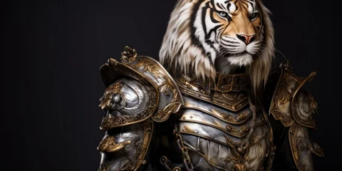 Foto op Plexiglas illustration of tiger in medieval silver armor, generative AI © VALUEINVESTOR