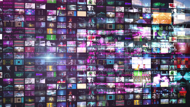 illustration of many small photos in montage wall of broadcasting or streaming background