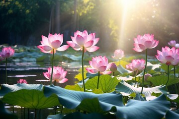 Beautiful blooms of lotus flowers under the glorious sunlight in a pond. Generative AI