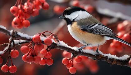 Obraz premium A cute great tit perching on a snowy branch generated by AI