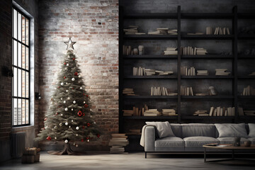 Living room in retro style with a Christmas decor. Christmas living room with sofa and Christmas tree. New year home interior background. Winter home decor. Christmas tree in loft interior against bri