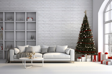 Stylish interior of the living room with a decorated Christmas tree