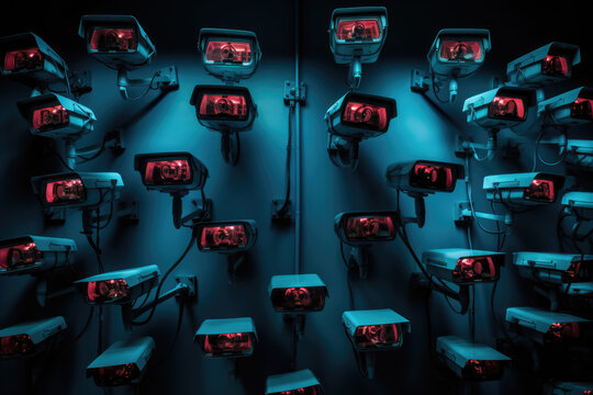 Big brother is watching you - a blue wall with many red eye surveillance security cameras to spy, copy space