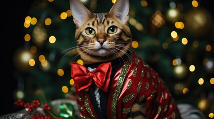 Cat in Christmas costume on a Christmas card. New Year card. Christmas atmosphere