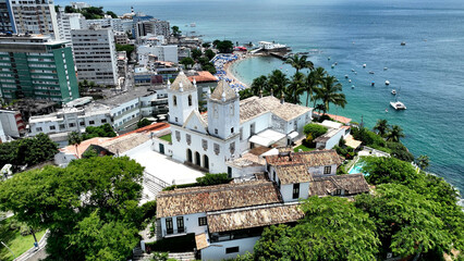 Fototapeta na wymiar Coast Church At Salvador In Bahia Brazil. Travel Landscape. Downtown Background. Tourism Destinations. Vacation Destination. Stunning Cityscape. Coast Church At Salvador In Bahia Brazil. 