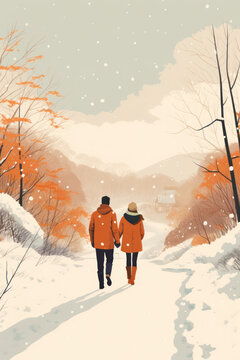 couple from the back holding hands walking in the snow park forest landscape winter christmas in textured pencil hand drawn color block sketch illustration style	