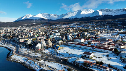 Coastal City At Ushuaia In Tierra Del Fuego Argentina. Snowy Landscape. Outdoor Aerial View. Tierra...