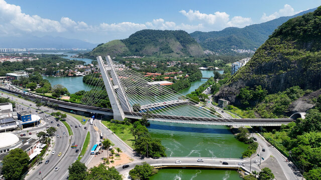 Cable Bridge At Barra Da Tijuca In Rio De Janeiro Brazil. Travel Destinations. Tourism Scenery. Barra Da Tijuca At Rio De Janeiro Brazil. Summer Travel. Tropical Scenery.