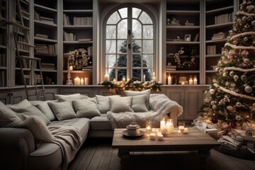 Fototapeta na wymiar Cozy interior of a living room in a house or apartment decorated for christmas and the new year holidays