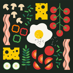 Breakfast food collection. Good morning poster. Top view. Fried egg, bacon, tomatoes, veggies, cheese, mushrooms. Flat trendy abstract vector illustration. Isolated elements on black background. - 649477498