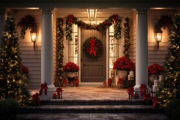 Fototapeta na wymiar Exterior of a suburban house in the USA decorated for christmas and the new year holidays