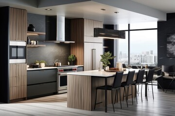 Interior of a modern and contemporary kitchen and dining room area of a house or apartment with plenty of natural light