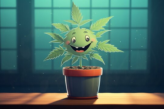 A cheerful young cannabis plant in a pot. Generative AI