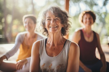 Diverse group of senior women and friends doing yoga and meditating together in a yoga class - obrazy, fototapety, plakaty