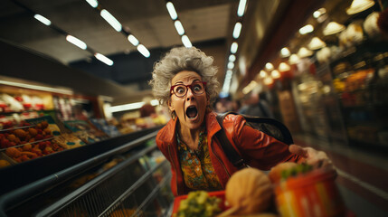 senior woman in the supermarket with expression of surprise and amazement