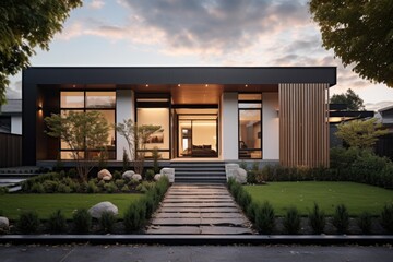 Exterior of a contemporary and modern house situated in the suburbs in the USA