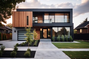 Exterior of a contemporary and modern house situated in the suburbs in the USA