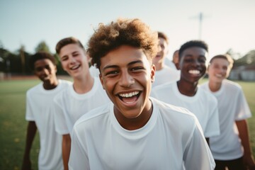 Smiling team photo of a soccer or football team consisting of a young and diverse group of young men - Powered by Adobe