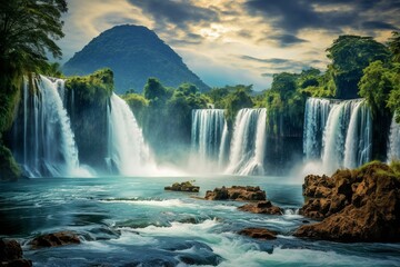 Breathtaking vista with mesmerizing waterfall, stunning lake, and picturesque mountains. Generative AI - obrazy, fototapety, plakaty