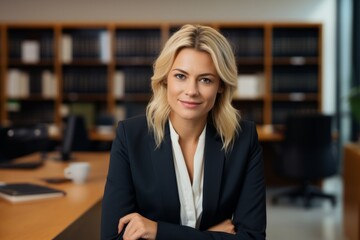 Fototapeta na wymiar a caucasic blonde lawyer woman with arms crossed looking to camera with a smile 