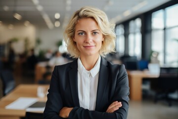 a caucasic blonde lawyer woman with arms crossed looking to camera with a smile    - obrazy, fototapety, plakaty