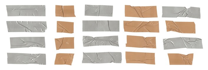 Adhesive tape of different shapes and lengths, wrinkled, torn, crooked. Mockup for overlay, photograph of various adhesive tapes with wrinkled and tear effect isolated on white background. Photo
