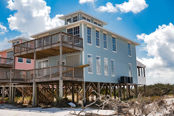 Summer houses on stilts on the Atlantic Ocean in North Carolina.