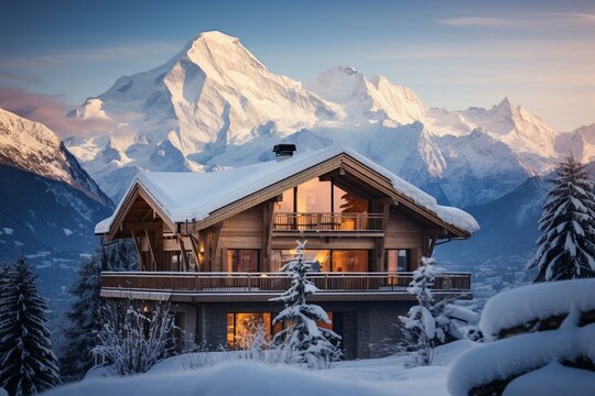 A cozy wooden chalet embraced by snowy landscape as majestic Mont Blanc stands tall in the backdrop. Generative AI