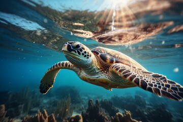 Obraz premium a sea turtle diving in the ocean