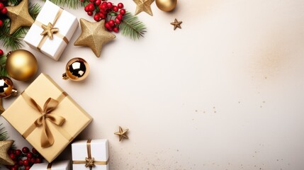 Christmas composition flat top view. Background gift boxes and Christmas decorative ornaments. Merry christmas and a happy new year. Holiday banner and poster. Clean space for text