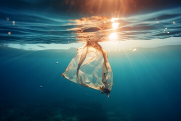 plastic bag floating on the sea water